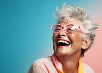 A photo of a 60 year old woman, laughing with someone off camera, with white hair and pink glasses - she is laughing and on a blue and pink gradient background