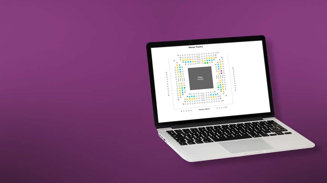 A laptop on a seating plan on a purple gradient background