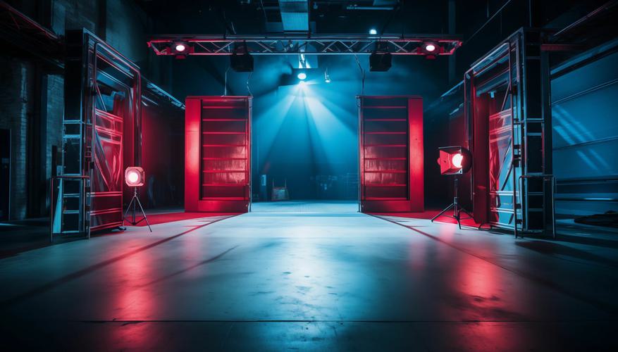 Dark empty production studio with red spotlights.
