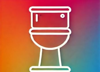 minimalistic outline of a toilet with a white outline on a vibrant gradient background. The gradient background features colours of the rainbow.