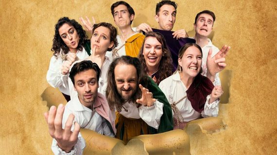 Nine people piercing through a brown paper background