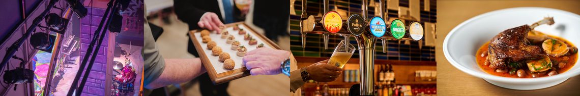 Four images in one. From left to right: looking down at the stage from the lighting rig. A selection of canapes with hands reaching for them. An image of the drinks on tap at the bar. A meal of chicken in an orange coloured sauce in a white bowl.