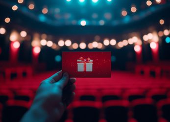 A hand holding a gift card up with an empty theatre auditorium in the background.